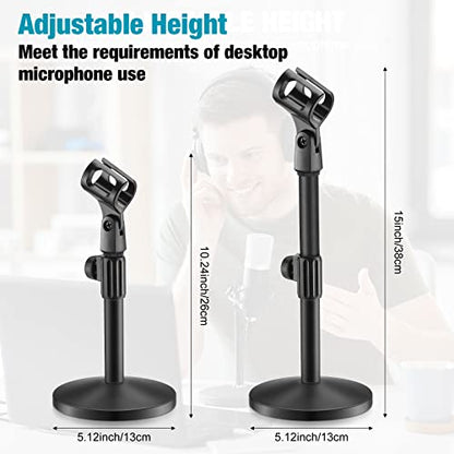 Hoteam 4 Pcs Desktop Mic Stand Adjustable tabletop Mic Stand microphone desk stands with 5/8" Male to 3/8" Female Screw Metal Round Base for Table Desk Interviews, Black