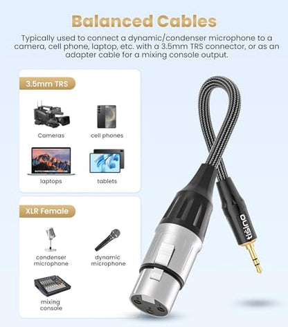 Tisino XLR to 3.5mm Balanced Cable Adapter, Gold-Plated XLR Female to 1/8 inch Mini Jack Aux Mono Audio Cord for Shotgun or Condenser Microphones - 1ft | XLR Female to 1/8" Jack Microphone Cable for Shotgun Mic/DSLR Camera, Gold-Plated Aux to XLR Audio Ca