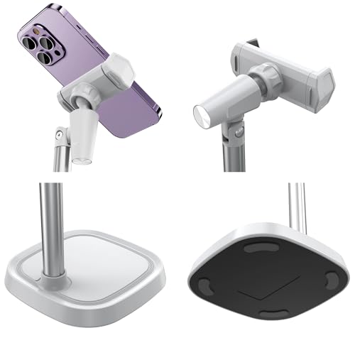 Height Adjustable Phone Stand for Desk, Retractable Desktop Phone Holder, 180° Flip & 360° Rotation Design，Compatible with iPhone/Android Devices,Ideal for Live Streaming and Video Recording (White)