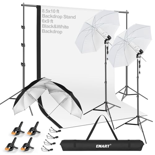EMART Photography Lighting Kit with 8.5x10FT Photo Backdrop Stand System & Photography Umbrella, 5500K 45W CFL Bulb, Black/White Muslin Backdrop, Umbrella Lights for Video Recording, Portrait, Studio - size: 8.5*10ft Stand/6.5*10ft Backdrop
