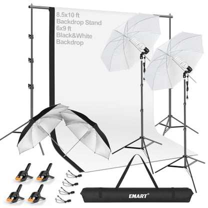 EMART Photography Lighting Kit with 8.5x10FT Photo Backdrop Stand System & Photography Umbrella, 5500K 45W CFL Bulb, Black/White Muslin Backdrop, Umbrella Lights for Video Recording, Portrait, Studio - size: 8.5*10ft Stand/6.5*10ft Backdrop
