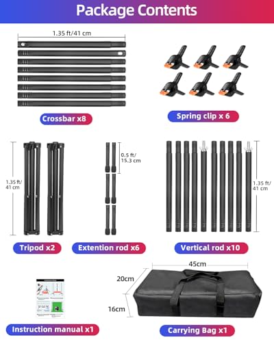 Backdrop Stand 10 x 8 Ft (WxH), Adjustable Photography Background Stand Support Kit with 6 Clamps & Carrying Bag for Photo Studio, Party, Wedding, Decoration, Projector Screen
