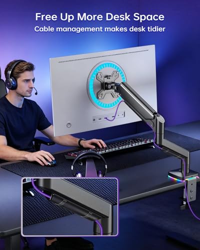 Afaloona Single Monitor Arm with RGB Lighting & 3 USB Ports, Gas Spring Monitor Mount for 13-32 Inch Screens up to 19.8lbs, Desk Mount with Charging & Data Transfer, Full Motion Adjustable - size: RGB Gas Spring Monitor Stand