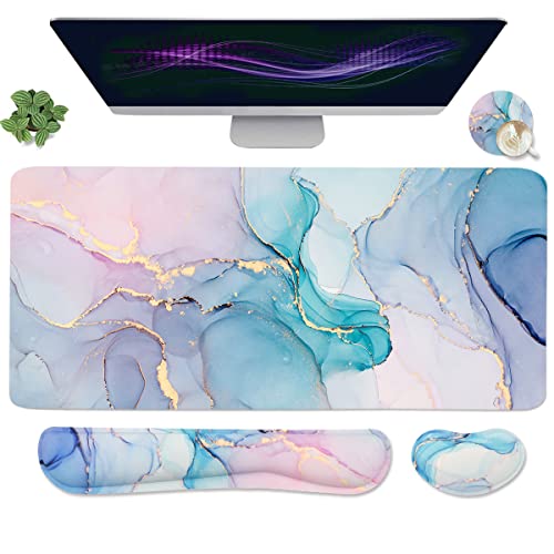 Ergonomic Large Mouse Pad and Keyboard Wrist Rest, Desk Pad for Keyboard and Mouse, 4-in-1 Large Gaming Mouse Pad with Wrist Support - Blue Marble - color: Blue Marble