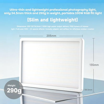 100W RGB LED Video Light with Softbox, 7950LM, 2500K-9900K | 100W RGB LED video light, 7950LM, 2500K-9900K, with softbox