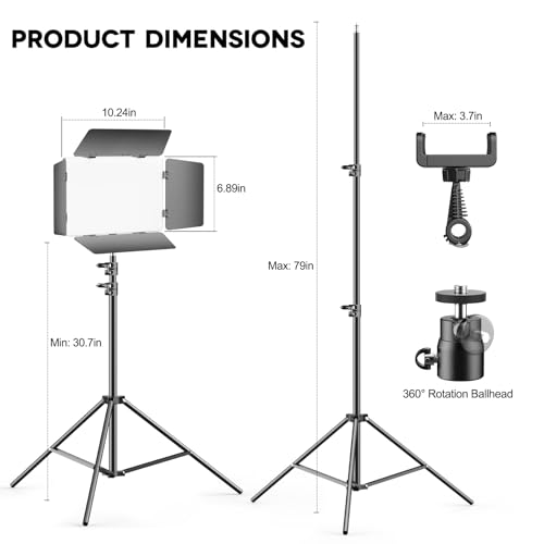 2 Pack LED Video Light Kit 79'' Tripod Light Stand, 30W 3000Lux Photography Light with Barndoor, CRI 98+ 2500K-8500K Studio Lights Panel Podcast Lighting for Video Recording/Game Live Streaming - size: 79" Tripod Stand