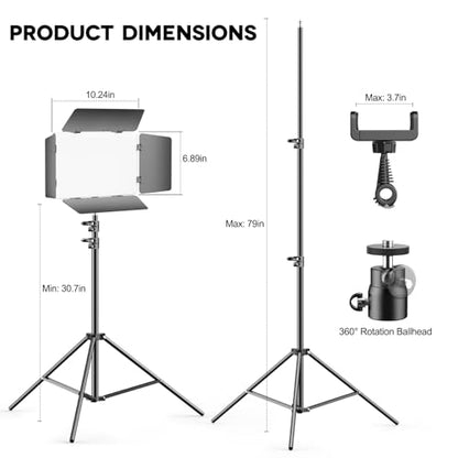 2 Pack LED Video Light Kit 79'' Tripod Light Stand, 30W 3000Lux Photography Light with Barndoor, CRI 98+ 2500K-8500K Studio Lights Panel Podcast Lighting for Video Recording/Game Live Streaming - size: 79" Tripod Stand