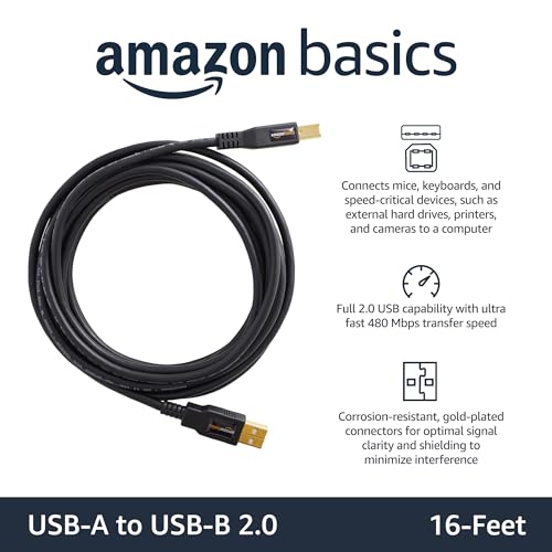 Amazon Basics USB-A to USB-B 2.0 Cable for Printer or External Hard Drive, Gold-Plated Connectors, 16 Foot, Black - size: 16 Feet