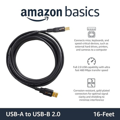 Amazon Basics USB-A to USB-B 2.0 Cable for Printer or External Hard Drive, Gold-Plated Connectors, 16 Foot, Black - size: 16 Feet