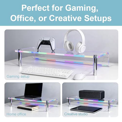 0.39" Extra Thick Acrylic Monitor Stand Riser, Clear | 23.6” x 9.1" x 3.5" Acrylic Desk Shelf with RGB Lighting & Dual Control-App & Button Control,for Office Desktop Organizer