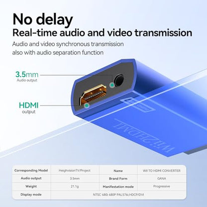 GANA Wii to HDMI Converter Adapter with Hdmi Cable Connect Wii Console to HDMI Display in 1080p Output Video with 3.5mm Audio Supports All Wii Display Modes Blue - color: wii to hdmi Blue