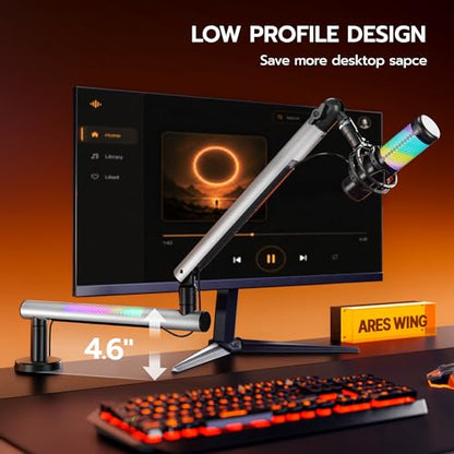 ARES WING Aluminum Low Profile Mic Arm with RGB Light, Adjustable Microphone Boom Arm with 4.4 lbs Load Capacity, 3/8” to 5/8” Screw Adapter, Desk Mount Mic Stand for Gaming Streaming Podcasting