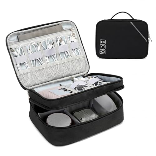 Lanola Electronic Organizer,Travel Cable Organizer Bag Pouch Electronic Accessories Carry Case Portable Double Layers Storage Bag for Cable,Cord,Charger,Phone,Earphone,Power Bank,Memory Cards - Black - color: 2-Black