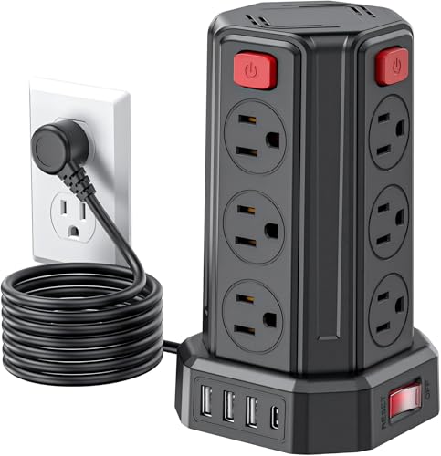 Power Strip Surge Protector, 6.5 Ft Extension Cord with 12 AC Multiple Outlets 4 USB (1 USB C), SMALLRT Power Tower Desktop Charging Station - color: Black, size: 6.5 ft