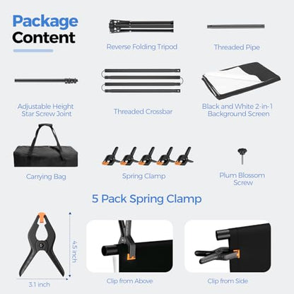 EMART Photo Backdrop with Stand Kit 6.5x5ft, Photography Black and White 2-in-1 Revisible Background Screen with Portable T-Shape Support and 5 Clamps for Video Recording Meeting Self Tape
