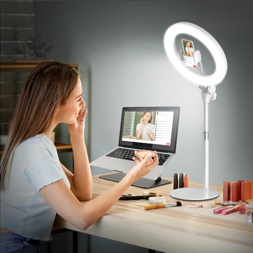 Ring Light with Stand for Streaming - Evershop 10'' Led Desk Lighting with Phone Holder for Laptop,Webcam,Computer Monitor,Circle Lights for Video Recording, Zoom Calls, Online Meetings,Selfie, Makeup - color: White