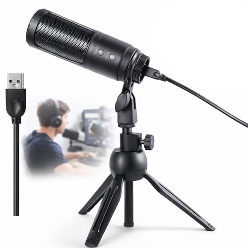 USB Microphone, Cardioid Condenser Mic with Noise Cancellation | One-Click Mute & Echo Effect, USB Mic for PC/Mac, Plug & Play for Podcasting, Streaming, YouTube, Vocals, Meeting & Gaming