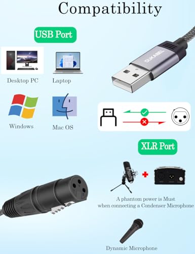 DUKABEL USB Microphone Cable, Upgraded XLR to USB-A Cable with 24bit/96KHz XLR Recording Cable for Podcasting Recording, 2.4M/8FT Mic Adapter for PC, Laptop