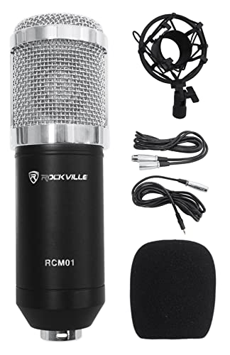 Rockville RCM01 Bundle: Pro Studio Recording Condenser Microphone with Metal Shock Mount, DMS40 40 in Boom Arm USB Mic Stand with Desk Clamp, PRO-M50 Studio Headphones with Case, 3-Items