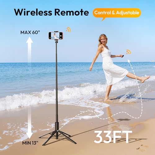 Ulanzi MT-86 Phone Tripod Portable Bluetooth Selfie Stick for iPhone 17 16 | 60 Inch Auto-Open 4 Legs Tripod, Wireless Remote Lightweight Extendable Travel Selfie Stick, w Cold Shoe Mount Phone Clip - color: Black