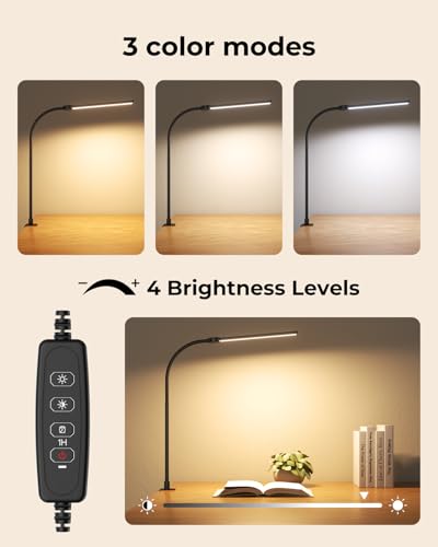 LED Desk Lamp for Home Office, Eye-Caring Architect Task Lamp with Clamp, Adjustable Gooseneck Desk Light, Clamp on Desk Lamps with Dimming, Flexible Craft Study Light for Office, Workbench - color: Black