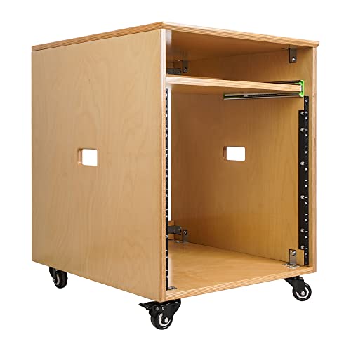 Sound Town 10U Solid Baltic Birch Plywood Studio Rack Desk with Slide-Out Tray, Rubber Feet, Casters, for Recording, Podcasts, Broadcasts, Streaming, Golden Oak (SDRK-ST10) - size: 10U, Golden Oak w/ Tray
