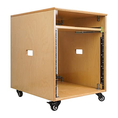 Sound Town 10U Solid Baltic Birch Plywood Studio Rack Desk with Slide-Out Tray, Rubber Feet, Casters, for Recording, Podcasts, Broadcasts, Streaming, Golden Oak (SDRK-ST10) - size: 10U, Golden Oak w/ Tray