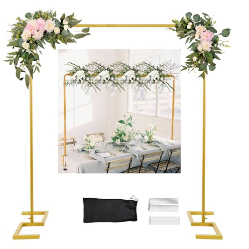 8.2 FT Wedding Arch Rectangle Stand Square Backdrop Stand , Extra Clamps to Table Rod Stand, Adjustable Photo Booth Background Kit, Balloon Arch Stand For Valentines Day Birthday Baby Shower Decor - color: Matte Gold