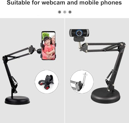 Spedal Desktop Webcam Stand with Weighted Round Base, Adjustable Scissor Arm Camera Mount with Phone Holder, 1/4" Thread MF920Pro, Smartphones, Overhead Recording & Live Streaming