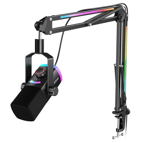 FIFINE Gaming Microphone Kit, XLR/USB Dynamic PC Microphone with Boom Arm for Podcast Recording, RGB Streaming Mic Set, Tap-to-Mute, Mix Control, Headphone Jack-AmpliGame AM8PROT - color: Black