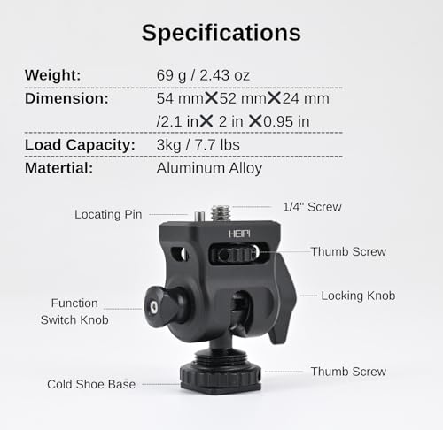 HEIPI Field Monitor Mount with Cold Shoe Mount Swivel 360° and Tilt 180°, Holder for Camera Monitor Mount, LED, Flash and Video Shooting Photography Accessories, Max Load Capacity 7.7lbs