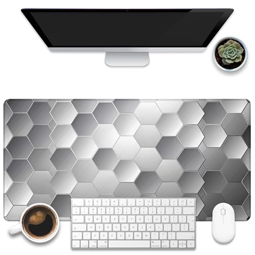 Large Gaming Mouse Pad for Desk, Silver Technology Honeycomb Desk Mat, Sci-Fi Honeycomb Desk Pad, 31.5"x15.7" Extended Big Computer Keyboard Mouse Pad with Non-Slip Base and Stitched Edge - color: Silver Technology Honeycomb