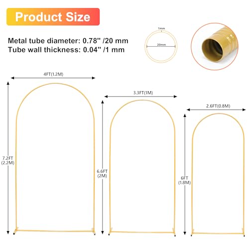 Toodour Arch Backdrop Stand 7.2FT, 6.6FT, 6FT Set of 3 Gold Metal Wedding Balloon Arch Stand for Birthday Anniversary Graduation Ceremony Opening Ceremonies Christmas New Year Garden Decorations - size: 7.2FT,6.6FT,6FT