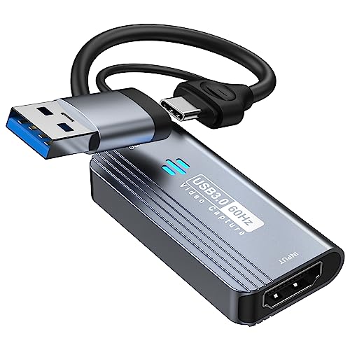 Papeaso Video Capture Card, 4K HDMI to USB/USB C 3.0 Capture Card, 1080P 60FPS Video Capture Device, for Streaming, Teaching,Gaming, Video conferencing or Live Broadcasting - color: Grey-A/C