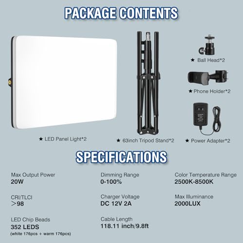 2-Pack LED Video Light Kit with 63'' Tripod Stand, 2500K-8500K Dimmable Studio Light Photography Panel Lighting for Video Recording Game Live Streaming Podcast YouTube Filming, Phone Holder