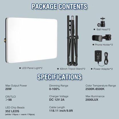 2-Pack LED Video Light Kit with 63'' Tripod Stand, 2500K-8500K Dimmable Studio Light Photography Panel Lighting for Video Recording Game Live Streaming Podcast YouTube Filming, Phone Holder