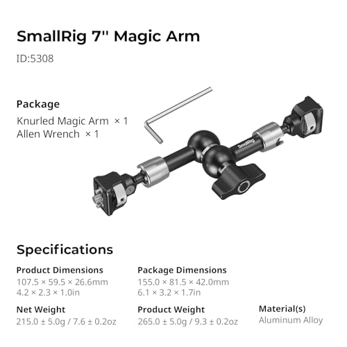 SMALLRIG 7'' Magic Arm with 1/4"-20 Screws & Spring-Loaded Pins, 1.5kg Load Capacity, 360° Dual Ball Head, Non-Slip Design for Cameras/Lights/Monitors/Mics/Phones – 5308 - style: 1-Pack (Spring-Loaded Pins)