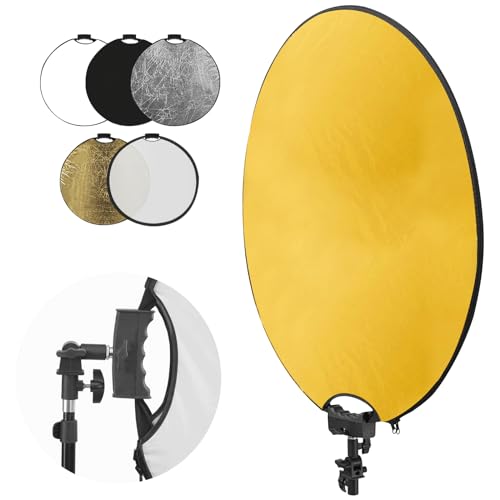 32 Inch (80cm) Photography Reflector, Collapsible Light Reflector with Bag & tilt Adapter, 5 in 1 Handle Reflector for Studio & Outdoor Lighting -Translucent, Silver, Gold, White and Black - style: Single Handle
