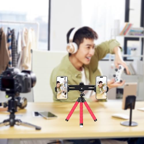 Dual Phone Holder Phone Tripod Mount Adapter, Universal 360° Rotation Adjustable Clip Stand for Vlog Live Streaming Video Recording, Compatible with 1/4'' Screws, Black - style: Dual Phone Holder