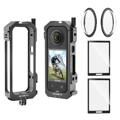 Insta 360 X4 Aluminum Frame Cage Case Bag Glass Lens Guard Set Screen Protector for Insta360 X4 X 4 Accessories Kit Anti-Scratch Metal Housing Shell Tempered Glass Protective Film Cover