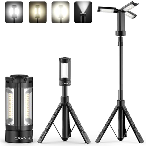 CAVN Rechargeable Camping Lights with Stand 6.0 ft Max Height, Portable Cordless LED Work Light 2200 Lumens 6500/4500/3500K Dimmable Camping Essentials Gear with Detachable Tripod, Black - color: Black