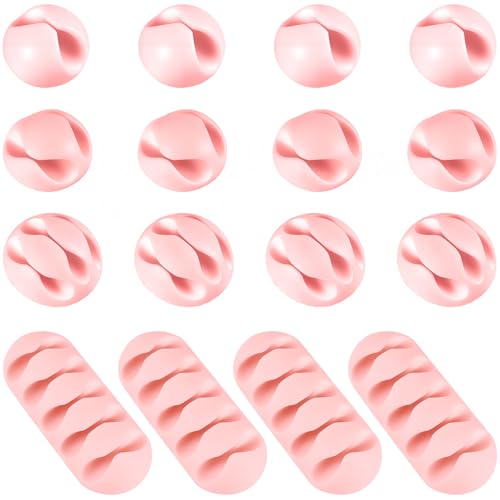 16Pcs Pink Silicone Cable Clips for iPhone Charger, USB, Computer Cables, Waltool Self-adhesive Desk Wire Management Cord Organizer Clips Keeper for Nightstand, Wall, Office, Home, Car