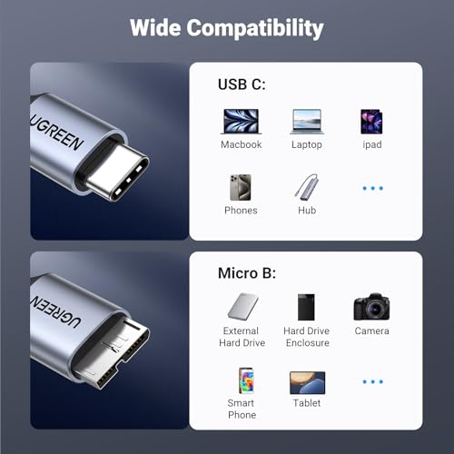 UGREEN 10 Gbps Micro B to USB C Hard Drive Cables, 1.5FT USB C to Micro B, External Hard Drive Cable Compatible with MacBook Pro/Air, iPad/Tablet, iPhone, Samsung Galaxy S24, WD Seagate etc - size: 1.5 FT