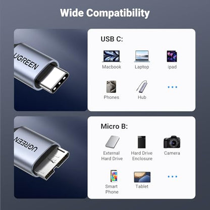 UGREEN 10 Gbps Micro B to USB C Hard Drive Cables, 1.5FT USB C to Micro B, External Hard Drive Cable Compatible with MacBook Pro/Air, iPad/Tablet, iPhone, Samsung Galaxy S24, WD Seagate etc - size: 1.5 FT