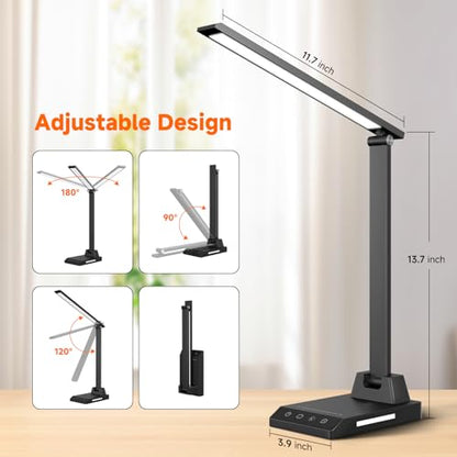 ShineTech LED Desk Lamp with USB-C Charging Port, Dimmable Desk Lamp for Home Office, Eye-Caring Reading Lamp with 25 Lighting Modes, Small Desk Light for Bedroom Nightstand with Adapter - color: Black
