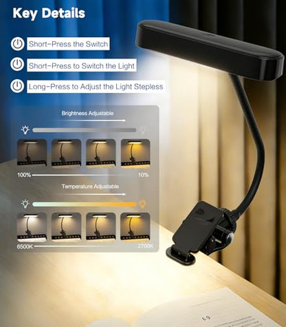 Jasput 2-in-1 LED Clip-On Book & Desk Lamp, Flexible Gooseneck, 3 Color Modes & Dimmable, Rechargeable Reading Light & Video Conference Light for Bed, Desk, Laptop, Study