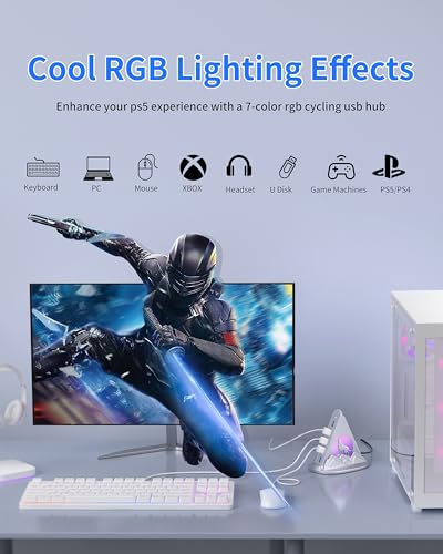 USB Hub 3.0, 7-Port USB Hub with RGB Night Light and Base, Vertical USB a Splitter for Desktop,Laptop, MacBook, Xbox, PS4/5, Game Console, Flash Drive, XPS, PC, Printer, Camera, Keyboard (Silver+Base) - color: Silver