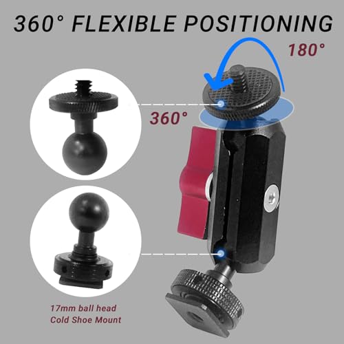 Cold Shoe Monitor Mount with 1/4" Screw, Rotatable Dual Ballhead Arm for LED Monitor Microphone, Compatible with DJI Osmo Action 6/5 Pro/4/3, Osmo 360, Insta 360 X5/X4 (Cold Shoe Monitor Mount)