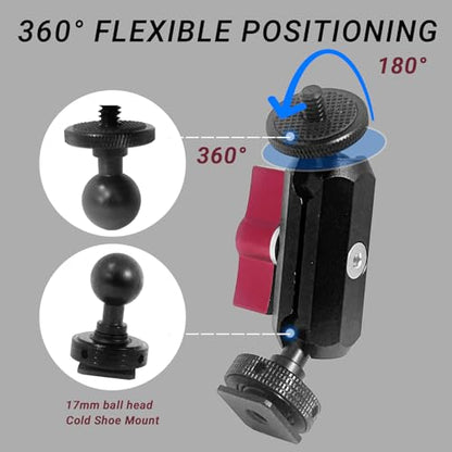 Cold Shoe Monitor Mount with 1/4" Screw, Rotatable Dual Ballhead Arm for LED Monitor Microphone, Compatible with DJI Osmo Action 6/5 Pro/4/3, Osmo 360, Insta 360 X5/X4 (Cold Shoe Monitor Mount)