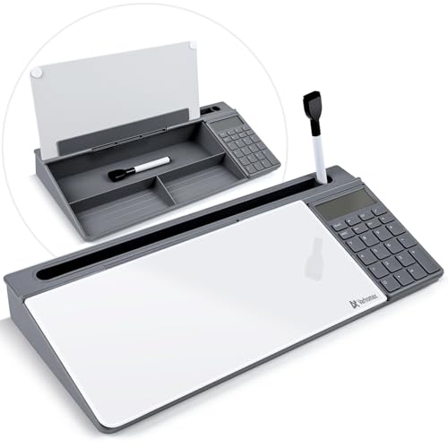 Varhomax Glass Desk Whiteboard with Calculator, Desktop Dry Erase White Board with Storage, to Do List Memo Notepad for Home and Office - color: Calculator-gray&white